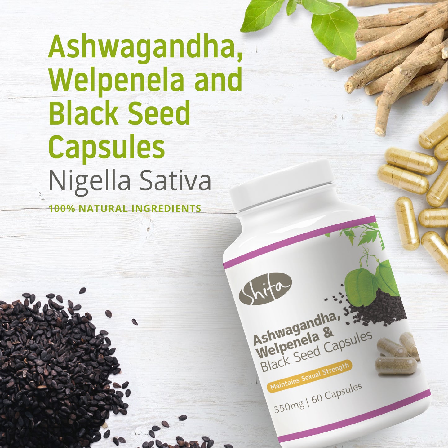 Ashwagandha, Welpenela & Black Seed Capsules (350mg | 60 Caps)