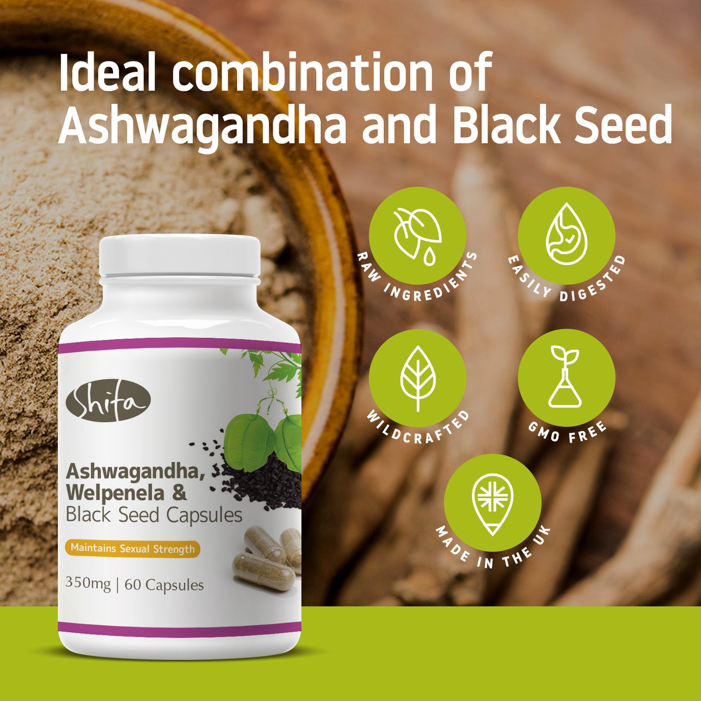 Ashwagandha, Welpenela & Black Seed Capsules (350mg | 60 Caps)